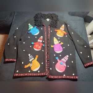 Women's Black Ugly Christmas Snowman Cardigan-Style Sweater Size 22-24